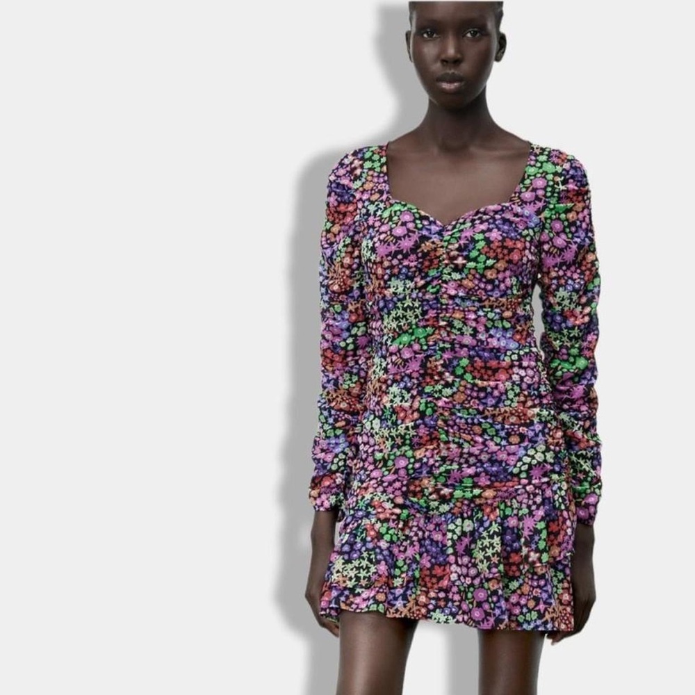Zara Floral Ruched Mini Dress Sweetheart Neck Long Sleeve Coquette Date Night M